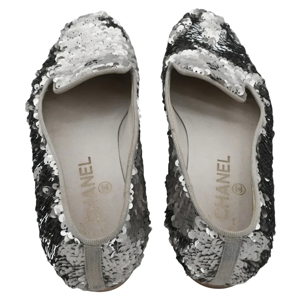CHANEL Silver Sequin Loafers Estimated Size 7
